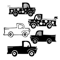 Isolated vector set of a car, lined, silhouette and grey on white background