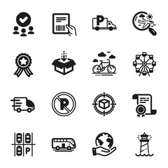 Set of Transportation icons, such as Search flight, Lighthouse. Certificate, approved group, save planet. Parking place, Parcel invoice, No parking. Truck delivery, Ferris wheel, Get box. Vector