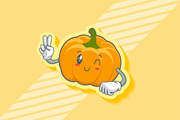 WINK, SMILING, cheerful, Smiling Face Emotion. Peace Hand Gesture. Yellow, Orange Pumpkin Fruit Cartoon Drawing Mascot Illustration.