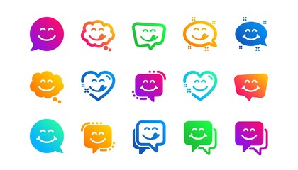 Emoticon speech bubble, social media message, smile with tongue. Yummy smile icons. Tasty food eating emoji face icons. Delicious yummy, happy emoticon. Classic set. Gradient patterns. Vector