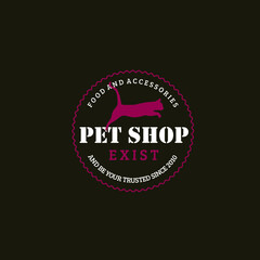 Fototapeta na wymiar Vector illustration of pet shop logo with running cat silhouette with radial circle frame and decorative text or typography isolated on dark background perfect for pet shop logo which provide food and