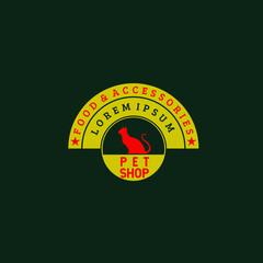 Vector illustration of pet shop logo with sitting cat silhouette and half circle frame and typography isolated on dark background perfect for pet shop logo which provide food and accessories