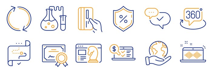 Set of Technology icons, such as Loan percent, Chemistry lab. Certificate, save planet. Payment card, Target path, Approved. Seo strategy, Online accounting, Refresh. Vector