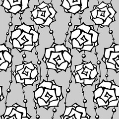 Obraz premium Abstract white roses with longitudinal threads with beads on a gray background. Vector seamless pattern for wrapping paper, packaging, wrapper, wallpaper, printing on fabric, textile, clothes and bags
