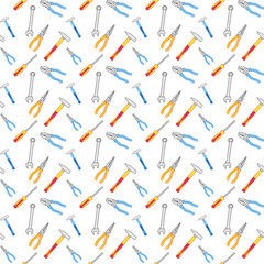 Colorful working tools for construction and repair on a white background. Vector seamless pattern for construction store, repair tool store, repair center, printing on packaging, wrapper and fabric