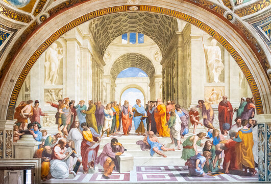 ROME, ITALY - MAY 07, 2019: School of Athens painting by Raphael, Vatican Museums, Vatican City