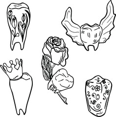 set of abstract teeth in fashion style. Dental vector illustration for printing on items, wallpaper, textiles, clothing, dentistry