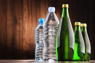 Different sorts of bottles containing mineral water