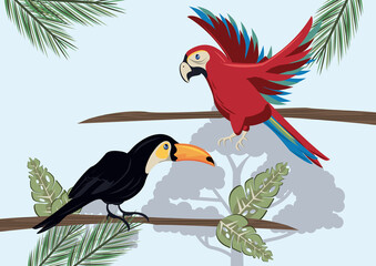 wild toucan and parrot birds flying in the jungle