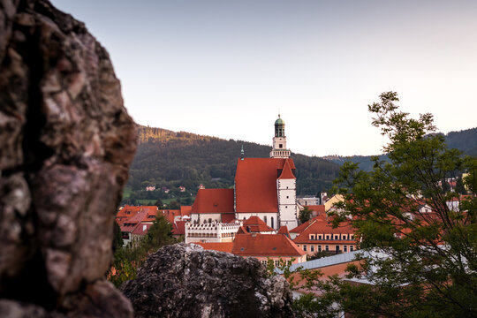 View to town Prachatice, South Bohemian Region, Czech Republic with Church of St. James the Greater from hill knows as "Zizkova skalka" after sunset