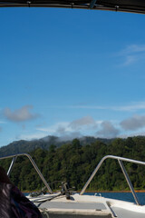 Front of the old boat with green forest island background in a sunny day.