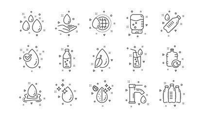 Bottle, Antibacterial filter and Tap water. Water drop line icons. Clean water linear icon set. Geometric elements. Quality signs set. Vector