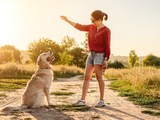 Woman training golden retriever on nature