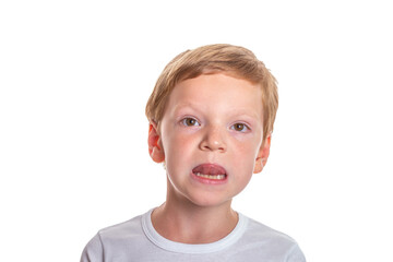 Speech therapy concept. Little boy doing exercises for correct pronunciation. Isolation on a white background. High quality photo