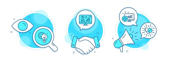 Medical analytics, Analytics graph and Medical drugs line icons set. Handshake deal, research and promotion complex icons. Idea gear sign. Medicine system, Growth report, Medicine pills. Vector