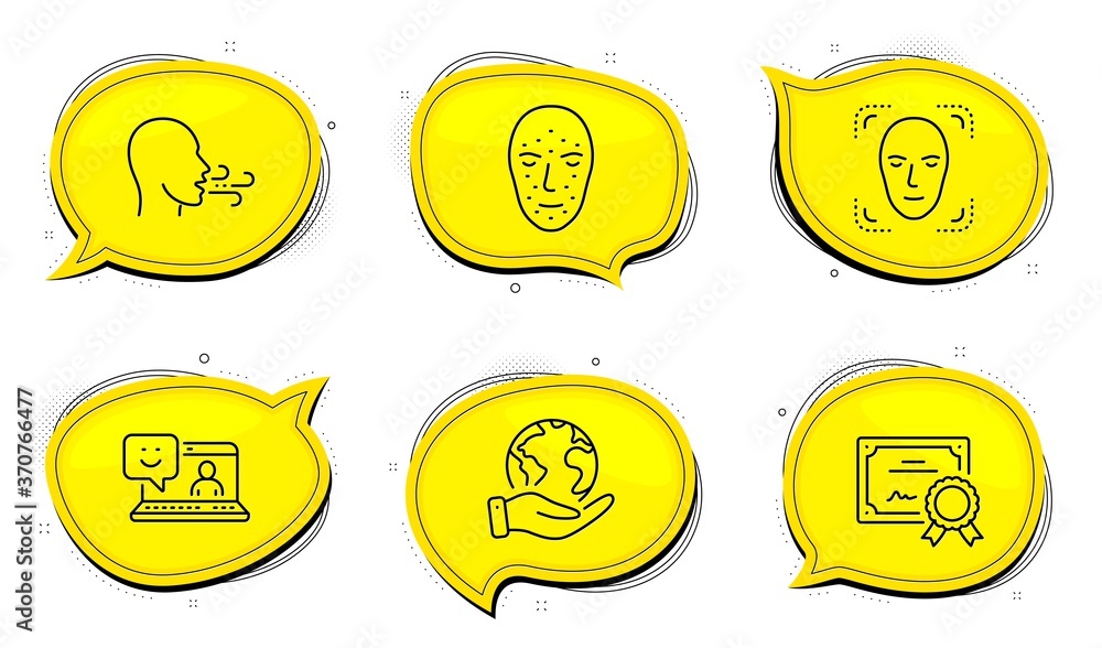 Poster face biometrics sign. diploma certificate, save planet chat bubbles. smile, face detection and breat