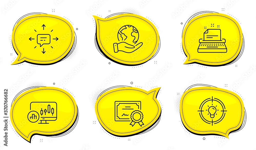 Poster idea sign. diploma certificate, save planet chat bubbles. typewriter, candlestick chart and sms line