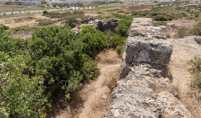 Remains  of the ruins of the old Phoenician fortress, which later became the Roman city of Kart, near the city of Atlit in northern Israel