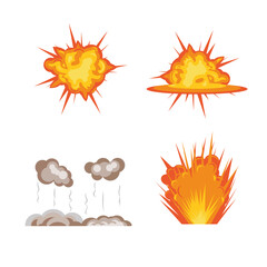 Set of explosions. Collection of cartoon explosion effect with smoke, flame and particles.