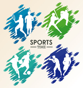 sports time poster with athletes figures silhouettes painted