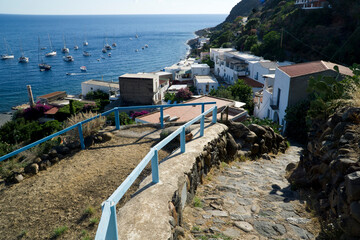 Italy Sicily Aeolian Islands, Alicudi Island, panoramic view of the town and the harbor