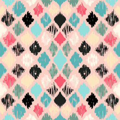 Ikat geometric folklore ornament with diamonds. Tribal ethnic vector texture. Seamless striped pattern in Aztec style. Folk embroidery. Indian, Scandinavian, Gypsy, Mexican, African rug.