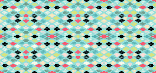 Ikat geometric folklore ornament with diamonds. Tribal ethnic vector texture. Seamless striped pattern in Aztec style. Folk embroidery. Indian, Scandinavian, Gypsy, Mexican, African rug.