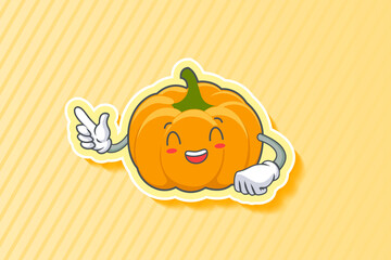 LOL, HAHA, LAUGH, fun Face Emotion. Finger Gun Hand Gesture. Yellow, Orange Pumpkin Fruit Cartoon Drawing Mascot Illustration.