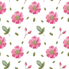 Seamless pattern from a hand-drawn watercolor pink rose hip flowers on a white background. Use for menus, invitations.