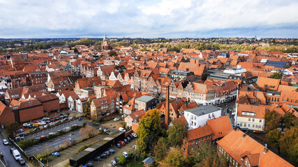 Luneburg, Germany - November 02, 2019: View from the tower to the rooftops of the city