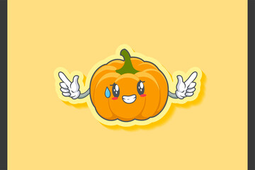 NERVOUS, PHEW, DISAPPOINTED, RELIEVED Face Emotion. Double Finger Gun Hand Gesture. Yellow, Orange Pumpkin Fruit Cartoon Drawing Mascot Illustration.