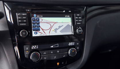 Navigation system. Modern new luxury automobile interior. Design and technology