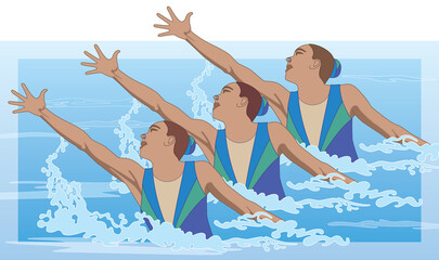 synchronized swimmers, trio in pose splashing out of water