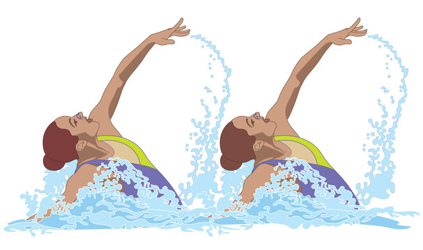 synchronized swimmers, duet in pose splashing out of water isolated on a white background