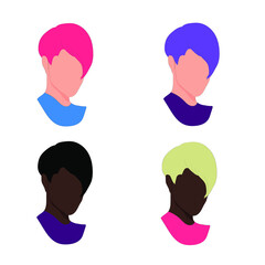 Female faces. Women icons with different colored hair. Set of various isolated girls heads in flat style