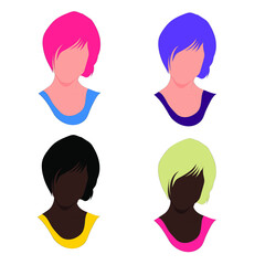 Icons set. Female faces stylish avatars. European and african american women with different colored hair. Set of isolated girls heads in flat style