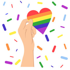 hand holding lgbt heart.LGBT flag. Rainbow love concept.vector lgbt lesbian gay pride trans poster card banner with love is love.Heart with six rainbow stripes.Homosexual love emblem.pride day happy.