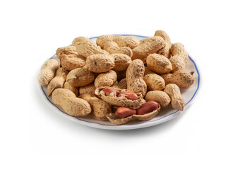 peanuts in a shell on a white saucer with a blue border, isolated on a white background