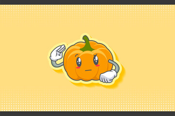 REALLY, ATTENTIVE, Curios Face Emotion. Salute Hand Gesture. Yellow, Orange Pumpkin Fruit Cartoon Drawing Mascot Illustration.