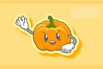 SMILING, HAPPY, cheerful Face Emotion. Waving Hand Gesture. Yellow, Orange Pumpkin Fruit Cartoon Drawing Mascot Illustration.