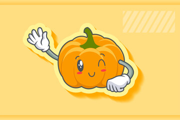 WINK, SMILING, cheerful, Smiling Face Emotion. Waving Hand Gesture. Yellow, Orange Pumpkin Fruit Cartoon Drawing Mascot Illustration.