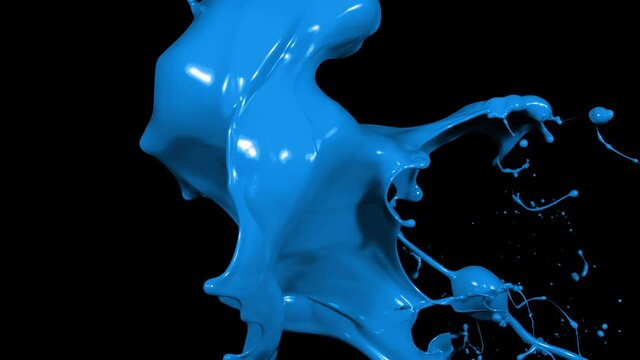 Blue paint splash thrown in slow motion, liquid isolated on black (4K)