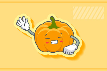 FRUSTRATED, GRIN SMILE, NERVOUS Face Emotion. Waving Hand Gesture. Yellow, Orange Pumpkin Fruit Cartoon Drawing Mascot Illustration.