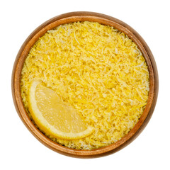 Lemon slice and freshly grated lemon peel in a wooden bowl. Zests of ripe yellow edible citrus fruits. Citrus limon. Used as flavoring for baking. Close up from above, over white, isolated food photo.