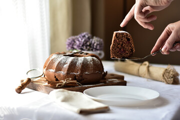 chocolate cake on a wooden board