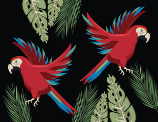 wild tropicals parrots birds animals in the jungle scene