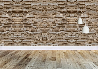 empty living room interior decoration modern lamp and wooden floor, stone wall concept. decorative background for home, office, hotel. 3D illustration