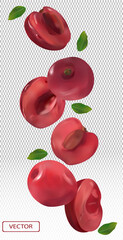 Cherry falling from different angles. Flying cherry with green leaf on transparent background. 3D realistic cherry. Vector illustration