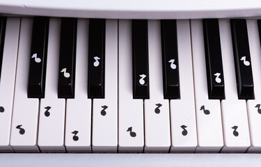 white toy piano with paper notes. music piano concept. view from above