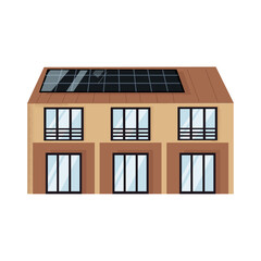 Eco-house. Wooden eco-home with solar panels, glass doors and windows. Zero waste lifestyle. Eco-friendly lifestyle outside the city. Vector illustration in cartoon style on a white background.